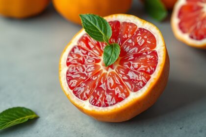 Friss grapefruit szelet, zöld levéllel díszítve az asztalon.