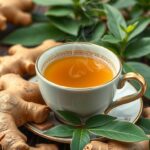 Friss gyömbértea csészében, gyömbérgyökerekkel és levelekkel díszítve.