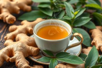 Friss gyömbértea csészében, gyömbérgyökerekkel és levelekkel díszítve.