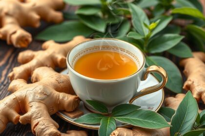 Friss gyömbértea csészében, gyömbérgyökerekkel és levelekkel díszítve.