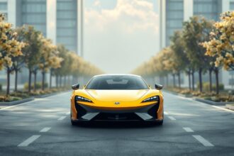 Sárga hibrid autó városi környezetben