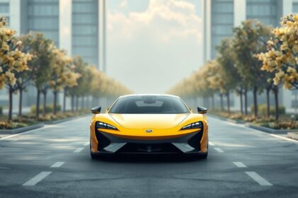 Sárga hibrid autó városi környezetben