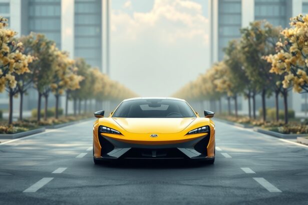 Sárga hibrid autó városi környezetben