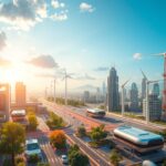 Modern városi táj hidrogéncella és megújuló energiaforrásokkal.