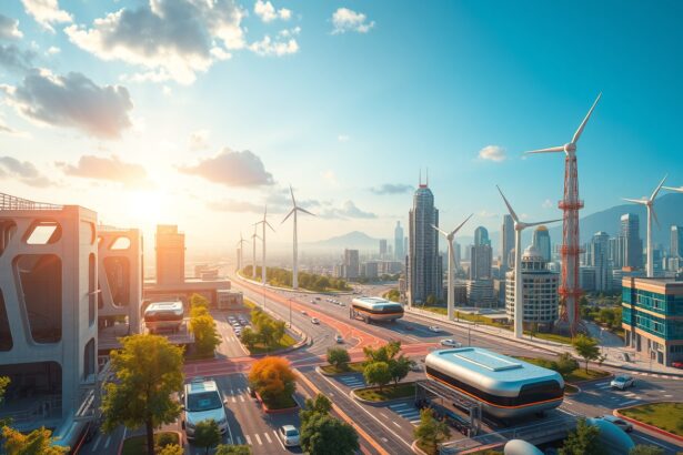 Modern városi táj hidrogéncella és megújuló energiaforrásokkal.