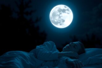 Nő alszik a telihold alatt, mely hatással van az alvásra.