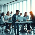 Modern irodai környezet, ahol a csapat együttműködik és dolgozik.