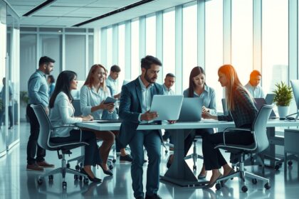 Modern irodai környezet, ahol a csapat együttműködik és dolgozik.