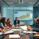 HR csapat stratégiai megbeszélésen, diagramm a háttérben