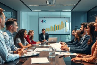 HR csapat stratégiai megbeszélésen, diagramm a háttérben