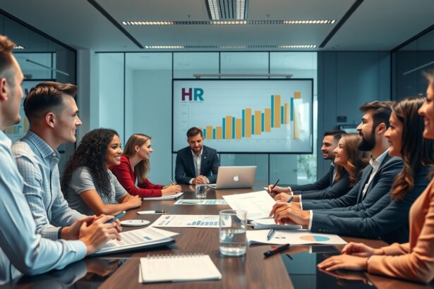 HR csapat stratégiai megbeszélésen, diagramm a háttérben