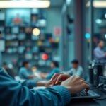 Digitális korszakban dolgozó fiatal, számítógép előtt headsettel.