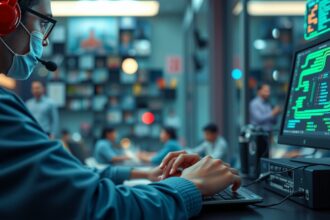 Digitális korszakban dolgozó fiatal, számítógép előtt headsettel.