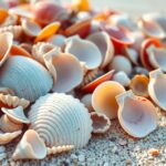 Különféle kagylók egy tengerparti homokos felszínen