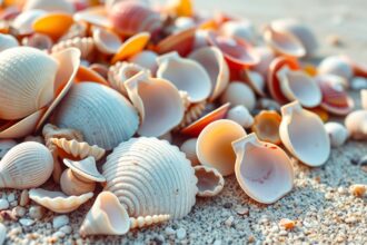 Különféle kagylók egy tengerparti homokos felszínen