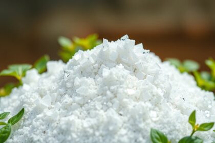 Kálium-szulfát kristályok növények között, természetes tápanyagforrás.
