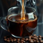 Frissen főzött kávé egy átlátszó pohárban, kávészemekkel az előtérben.