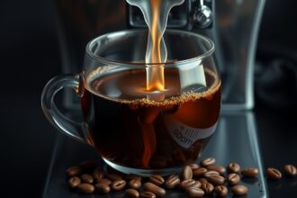 Frissen főzött kávé egy átlátszó pohárban, kávészemekkel az előtérben.