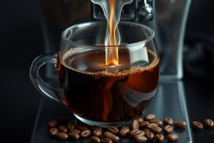 Frissen főzött kávé egy átlátszó pohárban, kávészemekkel az előtérben.