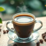 Frissen főzött kávé csésze, gőzölögve egy asztalon.