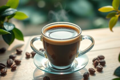 Frissen főzött kávé csésze, gőzölögve egy asztalon.