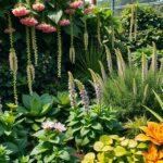 Színes virágok és zöld levelek egy buja kertben.