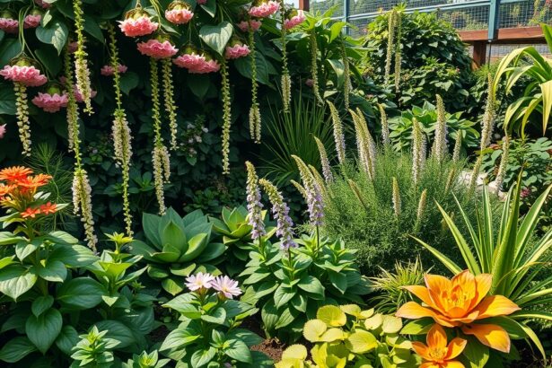 Színes virágok és zöld levelek egy buja kertben.