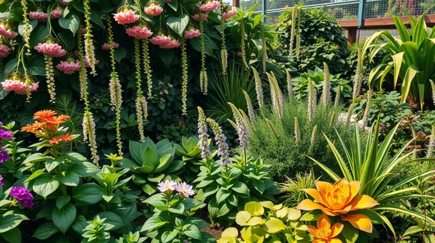 Színes virágok és zöld levelek egy buja kertben.