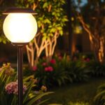 Kerti szolárlámpák virágokkal körülvéve esti fényben