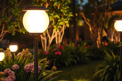 Kerti szolárlámpák virágokkal körülvéve esti fényben