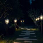 Kerti szolárlámpák világítanak egy sétányon éjszaka