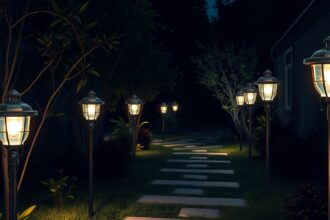Kerti szolárlámpák világítanak egy sétányon éjszaka