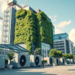 Modern klímatechnikai berendezések zöld falú épület előtt