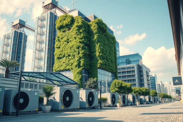 Modern klímatechnikai berendezések zöld falú épület előtt