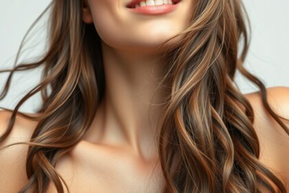 Fiatal nő, gyönyörű hullámos hajjal és egészséges bőrrel.