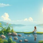 A természetben relaxáló személy a vízparton, zöld növények körében.