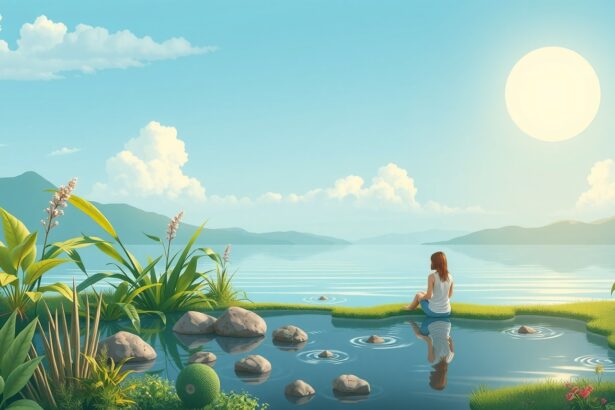 A természetben relaxáló személy a vízparton, zöld növények körében.