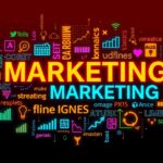 Színes kulcsszófelhő marketing szavakkal és grafikai elemekkel.