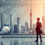 Férfi a nemzetközi városkép előtt, karrier lehetőségek kutatása.