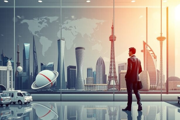 Férfi a nemzetközi városkép előtt, karrier lehetőségek kutatása.