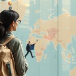 Nő térképet néz külföldi munkalehetőségek után kutatva.
