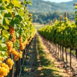 Sárga szőlőfürtök a napfényben, kötött szőlősorok között.