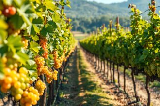 Sárga szőlőfürtök a napfényben, kötött szőlősorok között.