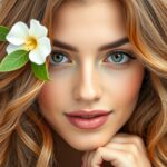 Fiatal nő, virággal a hajában, bőrápolás témakörben.