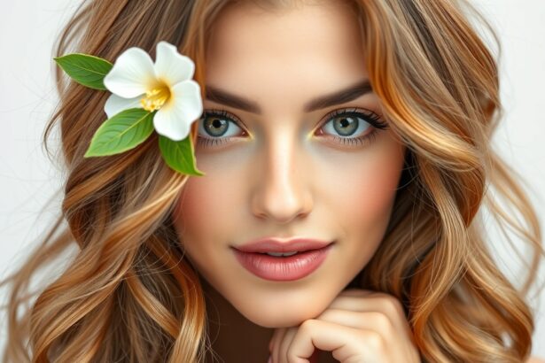 Fiatal nő, virággal a hajában, bőrápolás témakörben.