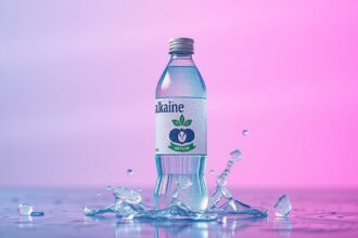 Lúgos víz palack vízcseppekkel, energikus háttérrel.