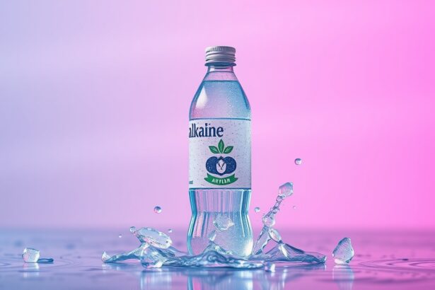 Lúgos víz palack vízcseppekkel, energikus háttérrel.