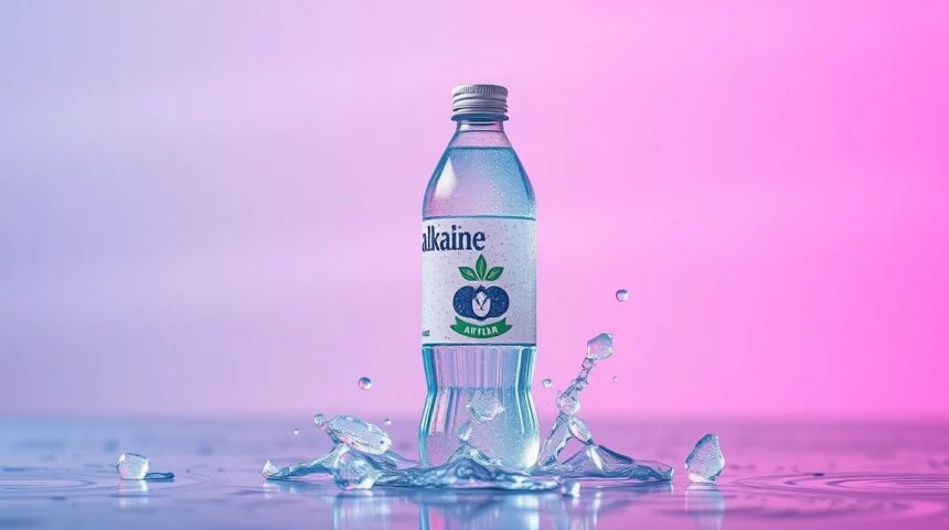 Lúgos víz palack vízcseppekkel, energikus háttérrel.