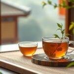 Luobuma tea served in a traditional setting with plants