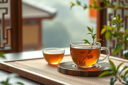 Luobuma tea served in a traditional setting with plants